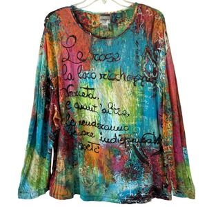 Chicos Art Print Long Sleeve Top Womens 16 Maximalist Boho Art to Wear